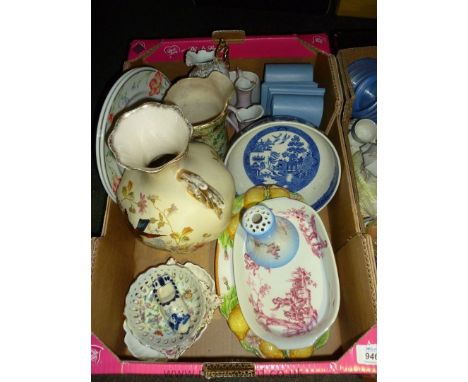 A quantity of china including par of blue ceramic bookends, pin hat holder, etc.