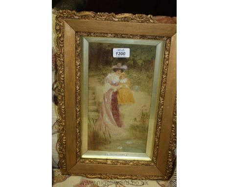 A 19th c. Watercolour 'The first Lesson' mother and child fishing, 6'' x 11'''