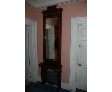 A Victorian mixed wood Pier Mirror with shelf and two turned supports, and cross banded top, 100" high.