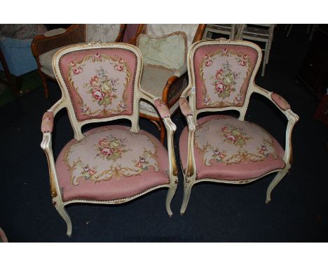 A pair of French design painted/gilded Side Chairs on cabriole legs, with arm, seat and back finished in attractive tapestry 