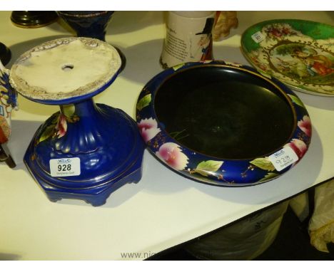 A ceramic Table Centre piece in a royal blue with pink, green and gilt floral design to the dish.