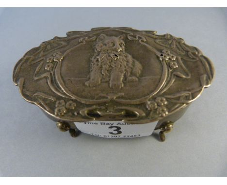 An Art Nouveau hallmarked silver pin box decorated with a kitten