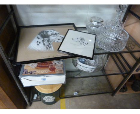 A Royal Doulton decanter, a rose bowl, punch bowl and glasses, bread crock  and two pics of dalmatians etc.