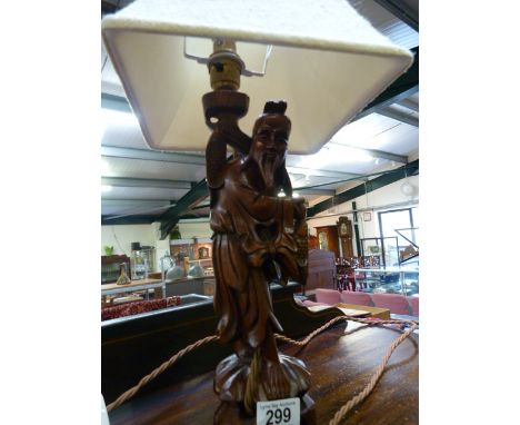 A Chinese carved hardwood figure converted to a lamp