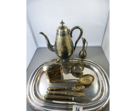 Silverplated tea caddy, Coffee pot and silver handled cutlery