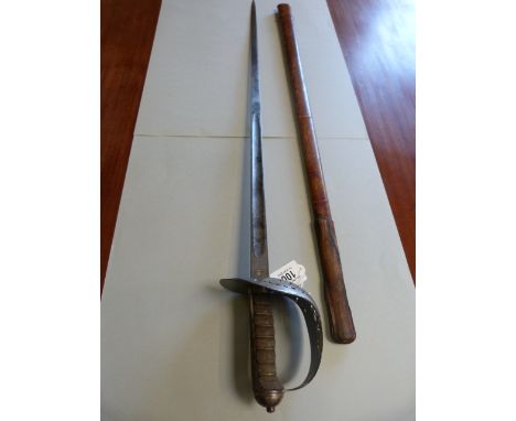 An Edward VII era sword in leather scabbard. The blade is inscribed to the 4th Battalion Somerset Regiment, made by Hobson & 