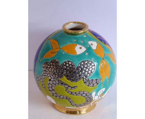 A&nbsp;Faienceries du Longwy&nbsp;'Nautile' spherical pottery vase designed by&nbsp;Nicolas de Waël;&nbsp;decorated with vari