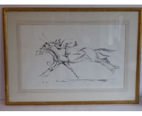 JOHN SKEAPING (1901-1980), a gilt-framed and glazed limited edition (33/50) monochrome lithograph study of horse racing, sign