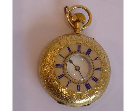 A lady's half-hunter 18-carat yellow-gold-cased fob watch with suspension loop; white-enamel dial with Roman numerals and the