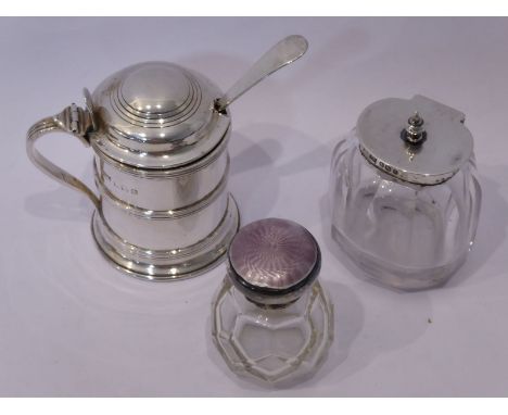 A silver/glass bijouterie group to include an early 20th century hallmarked silver cylindrical mustard in the form of a Georg