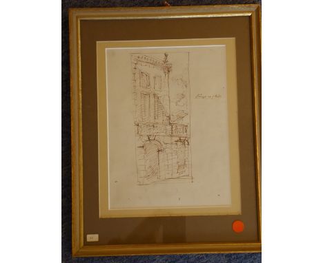 A double framed and glazed pair of ink sketches, the obverse of a pair of stone arches with balustraded building above, verso