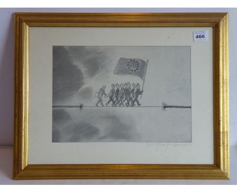 A gilt-framed and glazed satirical pencil sketch showing a group of suited marchers holding the European flag aloft and walki