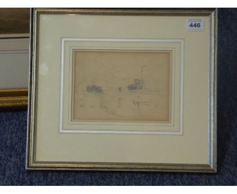 FRANK HENRY MASON RI., RBA (1876-1965), a gilt-framed and glazed pencil sketch with figures before a shore line and a single 