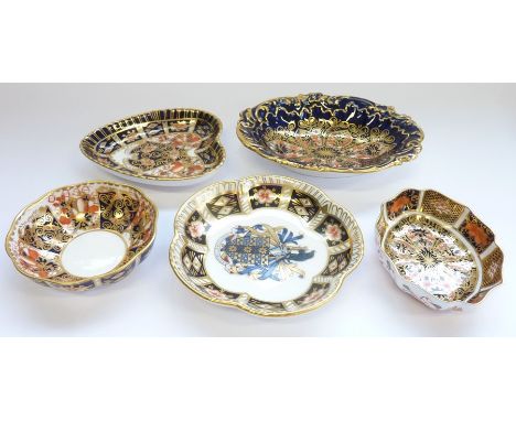 Five Royal Crown Derby trinket trays:&nbsp;Heart – 4.25in, 2451-1950s;&nbsp;Large oval – 5.75in, 1128-1940s; 1802 – 3.75in, 1