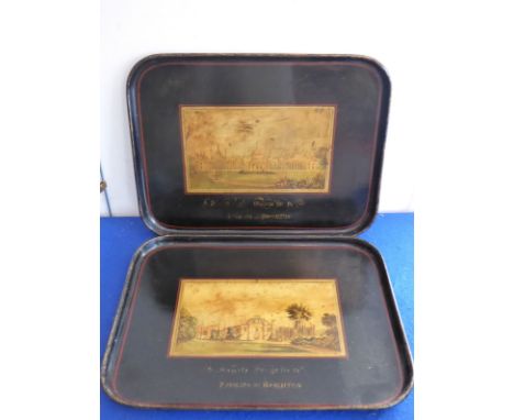 A rare pair of early 19th century Regency period papier mache serving trays, each with a differing view of Brighton Pavilion,