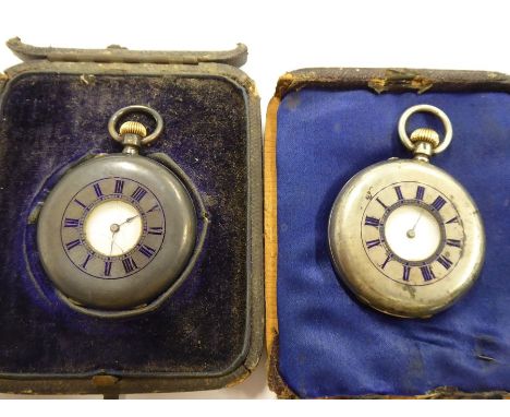 Two late 19th / early 20th century lady's silver (marked 0.940) half-hunter pocket watches, each with a white-enamel dial wit