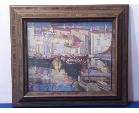 M. SURINGAR (20th C.), quayside scene (probably Southern France), boats before brightly coloured buildings etc., oil on canva