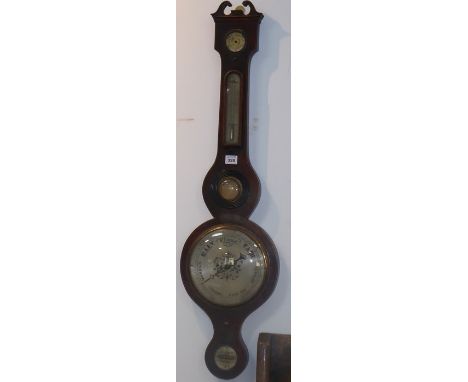 A 19th century mahogany-cased wheel barometer for restoration; broken swan-neck pediment above dry-damp dial and thermometer,