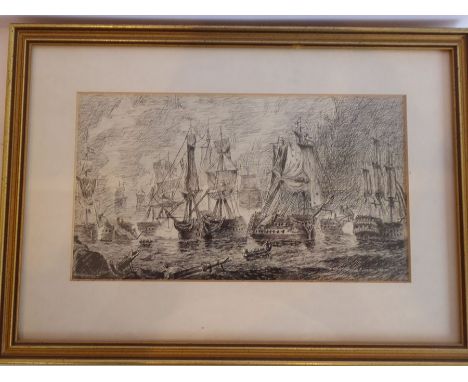 A gilt framed and glazed (later) black ink maritime sketch of men of war moored up along a coastline (apparently unsigned), p