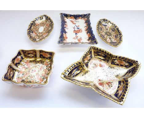 Five Royal Crown Derby trinket trays: Slim oval – 4.5in, 2451-1896; Slim oval, 1128-1897;&nbsp;Square, 1903, 2451/6299-1920;&