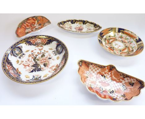 Five Royal Crown Derby trinket trays:&nbsp;Slim oval, 3788-1904;&nbsp;Oyster 4in, 2444 - c.1910;&nbsp;Fan, 2444-1900; Circula