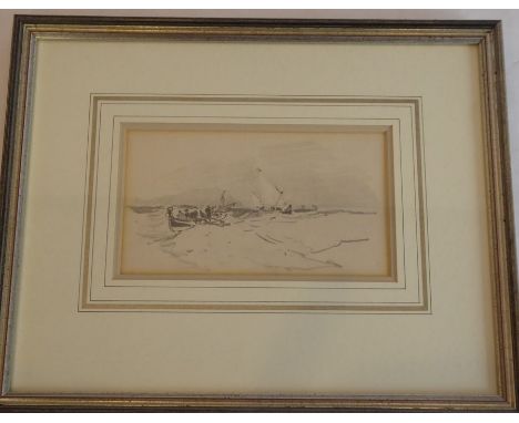 FRANK HENRY MASON RI., RBA (1876-1965), a gilt framed and glazed pencil sketch of a rowing boat with yachts beyond 10cm x 17c