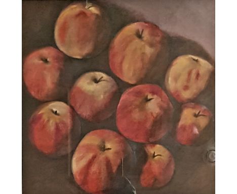 DAVID GOULD acrylic, gouache and watercolour - entitled '10 Apples', 48 x 48cms, glazed with a light grey wooden frame