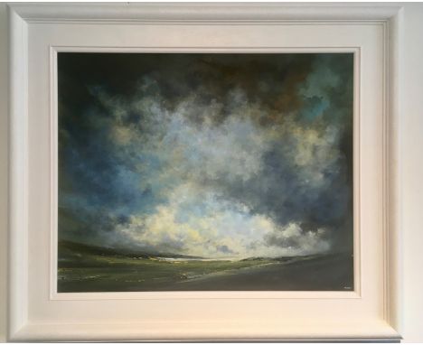 HUW RICHARDS EVANS oil on canvas - entitled 'Light of my Life 2', 60 x 60cms, framed in white Pembrokeshire born Often textur