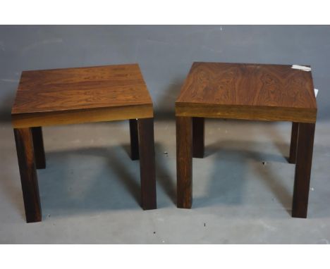 A pair of Danish exotic hardwood lamp tables, with label for Centrum Mobler, H.46 W.51 D.51cm 