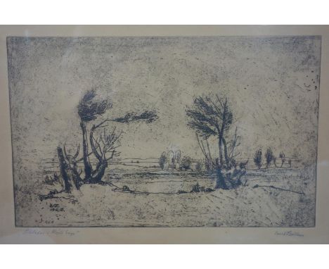 An engraving of trees in a field, indistinctly signed and titled in pencil to lower margin, in glazed gilt frame, 20 x 32cm 