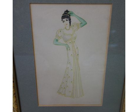 A fashion design of a lady in a gown and long gloves, watercolour and pencil on paper, 29 x 19cm 