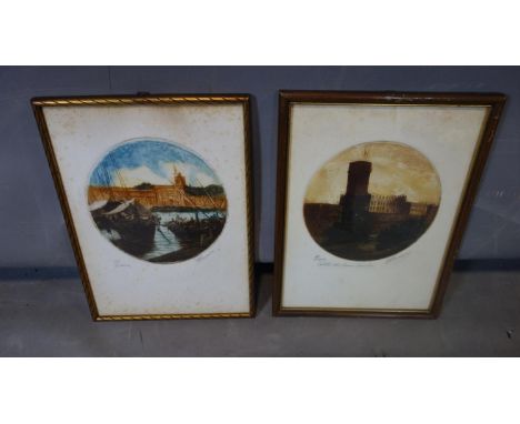 Two Italian circular colour etchings by the same hand, comprising one of a castle, Diameter 18.5cm, and one of boats in a har