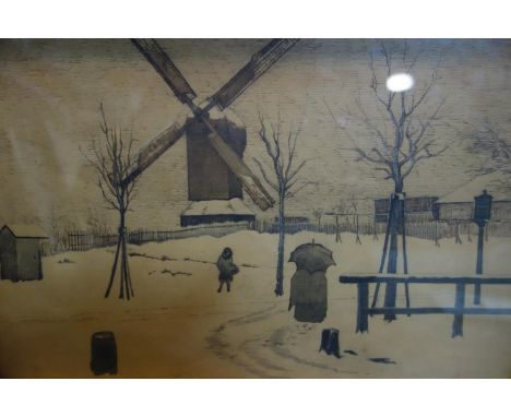 Late 19th century school, Figure with umbrella in winter scene with windmill to background, pencil and gouache, monogrammed F