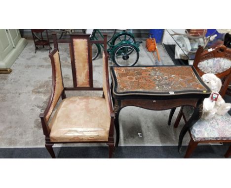 HEAVILY DECORATED FOLDING CARD TABLE A/F AND ARMCHAIR A/F