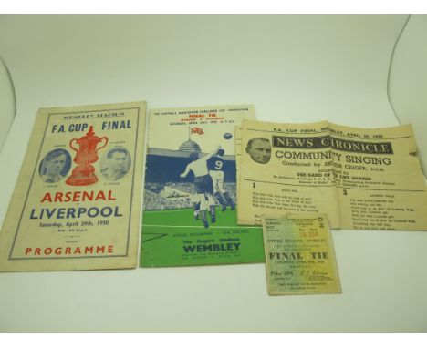 1950 F.A Cup Final Arsenal v. Liverpool Programme, Victor Pirate Programme, ticket for north terrace seat and song sheet from