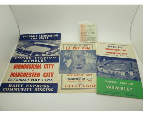 1956 F.A Cup Final Birmingham City v. Manchester City, Programme, Victor Pirate Programme, song sheet and ticket for south te