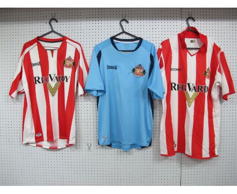 Football Shirts - Sunderland, home size S, Lonsdale home and light blue away, all with 'Reg Vardy' logo. (3).