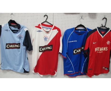 Football Shirts - Glasgow Rangers, Umbro home 'Carling' logo light blue white diagonal, red 'McEwan's Larger' logo, circa 199