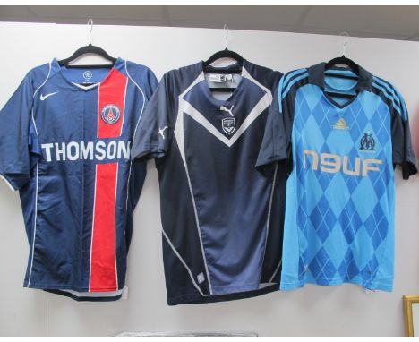 Football Shirts - Marseille, Adidas light blue with 'N9UF' logo. PSG Nike home 'Thomson' logo size 36/38. Bordeaux Puma blue 