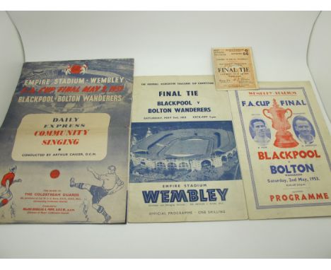 1953 F.A. Cup Final Blackpool v. Bolton Wanderers Programme, Victor Pirate Programme, song sheet and ticket for west standing