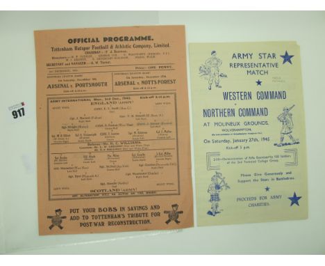 1945, England v. Scotland Single Sheet Programme For The Army International, at Tottenham, dated December 3rd 1945, Western C