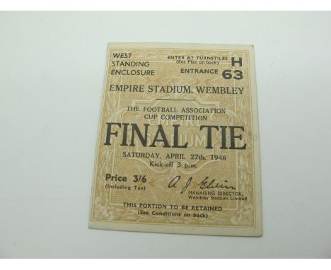 1946 F.A Cup Final Ticket, west standing enclosure for Derby County v. Charlton Athletic.