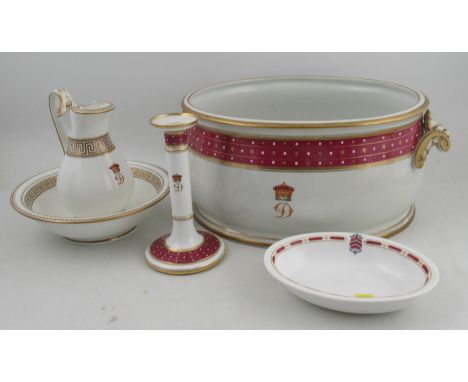 A George Grangers and Royal Worcester part toilet set, comprising a foot bath, a jug, a bowl and a candle stick, with the ini