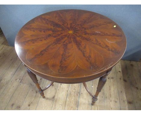 A good Victorian Mahogany boxwood and ebony circular center table raised on turned legs , united by plant shelf, with pierced