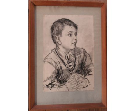 Dame Laura Knight, charcoal, portrait of a boy, David Levitt, 1956, 19ins x 12.5ins&nbsp;(D)Condition Report:  Pin holes to f