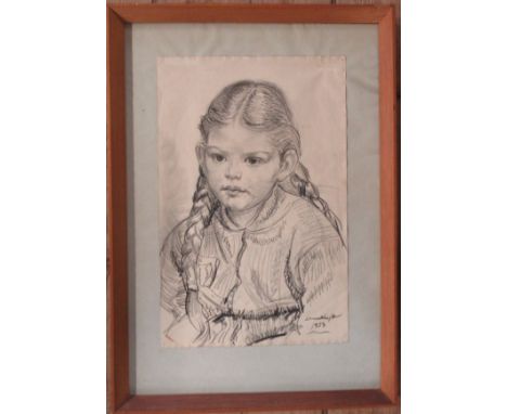 Dame Laura Knight, charcoal, portrait of a girl Ruth Levitt, 1957, 19ins x 12.5ins (D)   Condition Report:   Pin holes to fou