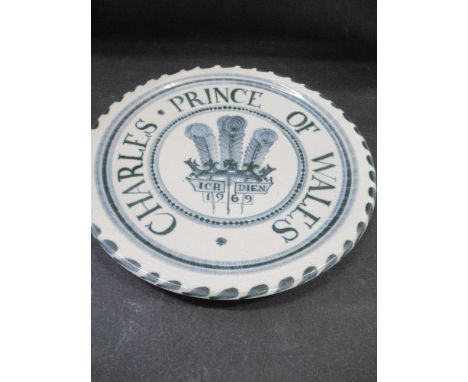 A 1969 Rye Pottery Prince of Wales Investiture commemorative plate, together with a Rye Pottery grey sgraffito lamp base and 