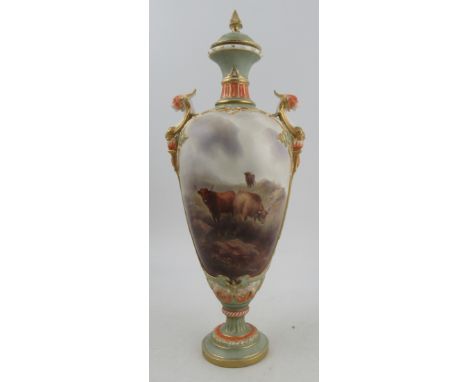 A Royal Worcester vase and cover, decorated with Highland cattle in landscape by John Stinton, with twin mythical beast handl