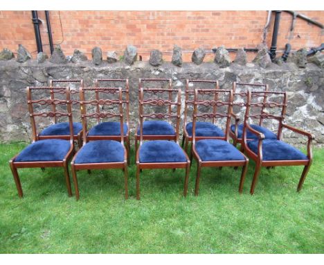 A set of ten rope back dining chairs, with brass stud line inlay and rosette pierced ladder back&nbsp;