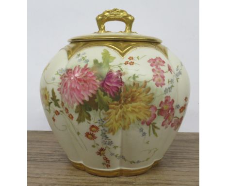 A Royal Worcester gilded ivory covered cracker jar, decorated with flowers, shape No 1412, height 7ins&nbsp;